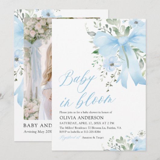 Blue Bow Baby in Bloom Floral Boy Baby shower Kaart (Voorkant / Achterkant)