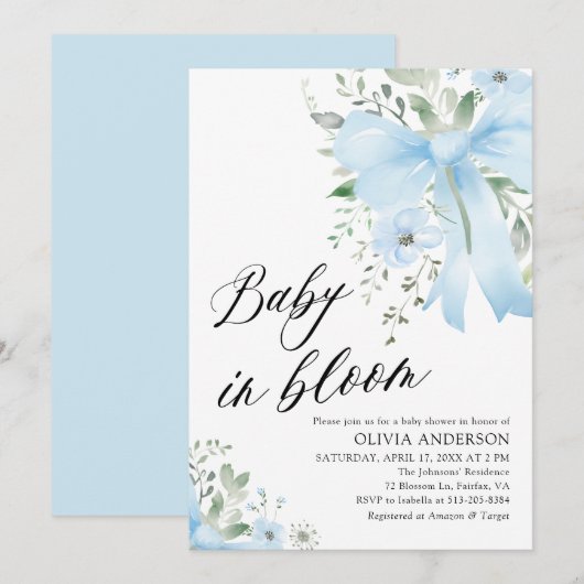 Blue Bow Baby in Bloom Floral Boy Baby shower Kaart (Voorkant / Achterkant)