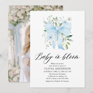 Blue Bow Baby in Bloom Floral Boy Baby shower Kaart