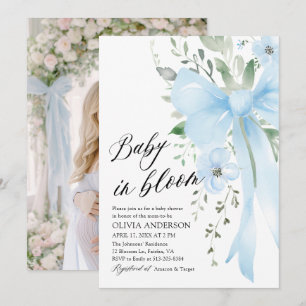 Blue Bow Baby in Bloom Floral Boy Baby shower Kaart