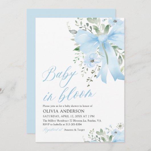 Blue Bow Baby in Bloom Floral Boy Baby shower Kaart (Voorkant / Achterkant)