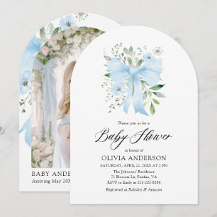 Blue Bow Baby in Bloom Floral Boy Baby shower Kaart