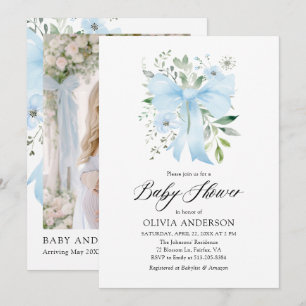 Blue Bow Baby in Bloom Floral Boy Baby shower Kaart