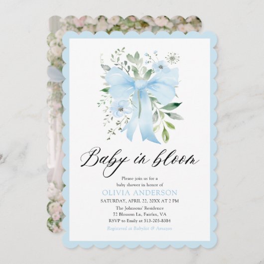 Blue Bow Baby in Bloom Floral Boy Baby shower Kaart (Voorkant / Achterkant)