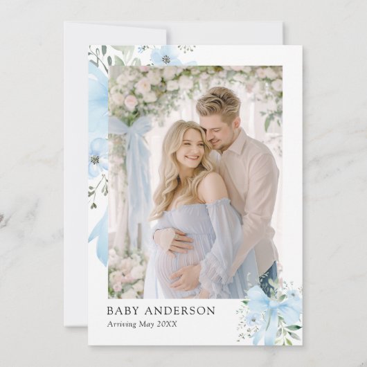 Blue Bow Baby in Bloom Floral Boy Baby shower Kaart (Achterkant)