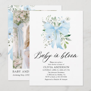 Blue Bow Baby in Bloom Floral Boy Baby shower Kaart