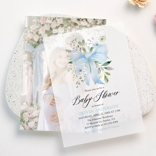 Blue Bow Baby in Bloom Floral Boy Baby shower Vellum Uitnodigingen