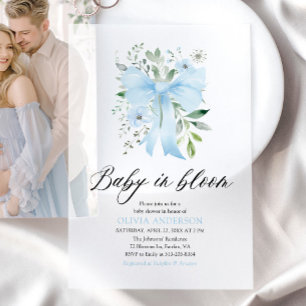 Blue Bow Baby in Bloom Floral Boy Baby shower Vellum Uitnodigingen