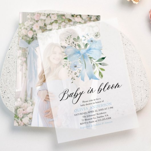 Blue Bow Baby in Bloom Floral Boy Baby shower Vellum Uitnodigingen