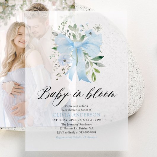 Blue Bow Baby in Bloom Floral Boy Baby shower Vellum Uitnodigingen