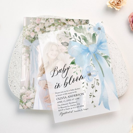 Blue Bow Baby in Bloom Floral Boy Baby shower Vellum Uitnodigingen