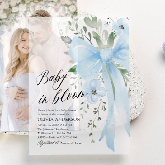 Blue Bow Baby in Bloom Floral Boy Baby shower Vellum Uitnodigingen