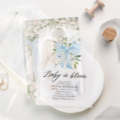 Blue Bow Baby in Bloom Floral Boy Baby shower Vellum Uitnodigingen