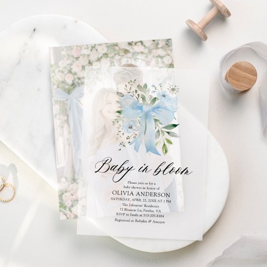Blue Bow Baby in Bloom Floral Boy Baby shower Vellum Uitnodigingen