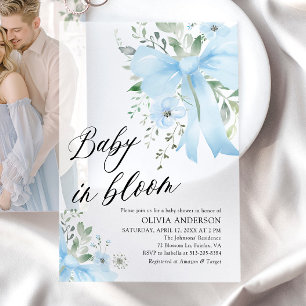 Blue Bow Baby in Bloom Floral Boy Baby shower Vellum Uitnodigingen