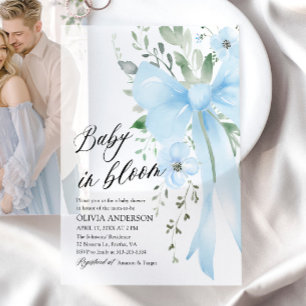 Blue Bow Baby in Bloom Floral Boy Baby shower Vellum Uitnodigingen