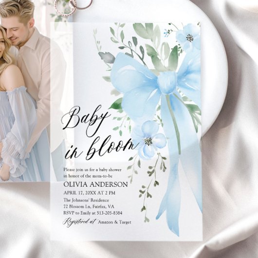 Blue Bow Baby in Bloom Floral Boy Baby shower Vellum Uitnodigingen
