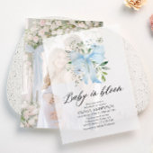 Blue Bow Baby in Bloom Floral Boy Baby shower Vellum Uitnodigingen