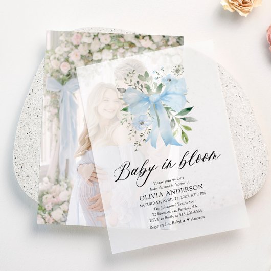 Blue Bow Baby in Bloom Floral Boy Baby shower Vellum Uitnodigingen