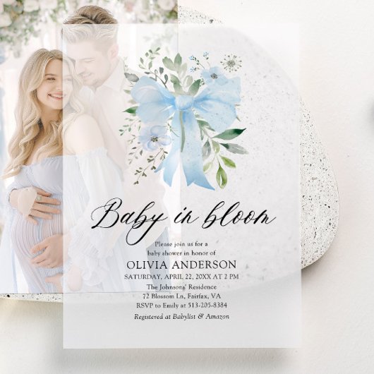 Blue Bow Baby in Bloom Floral Boy Baby shower Vellum Uitnodigingen