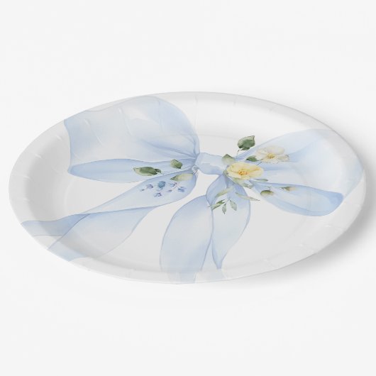 Blue Bow Baby in Bloom Wildflower Baby shower Papieren Bordje (Gekanteld)