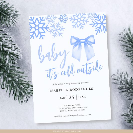 Blue Bow Baby Its Cold Outside Baby Shower Kaart