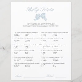 Blue bow baby shower baby trivia spel
