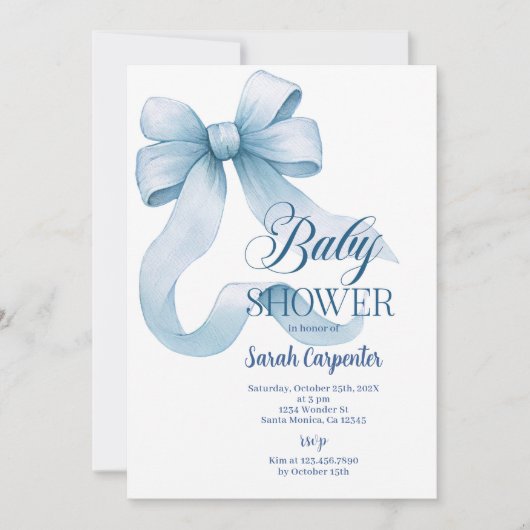 Blue Bow Baby shower Boy Invitation Kaart (Voorkant)