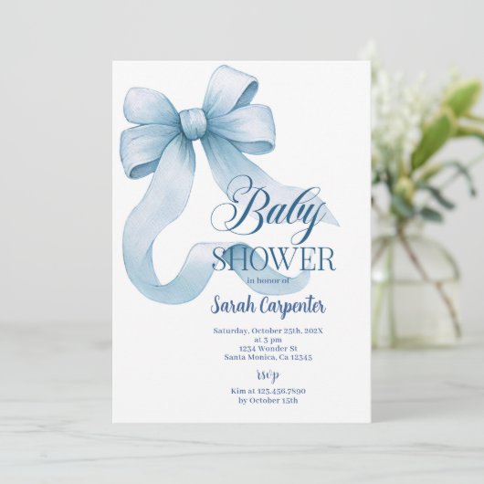 Blue Bow Baby shower Boy Invitation Kaart (Staand voorkant)