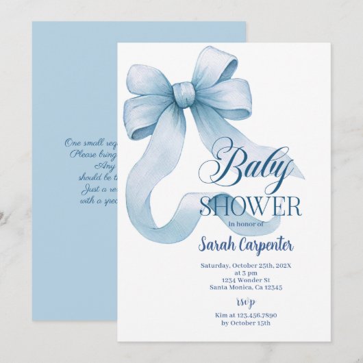 Blue Bow Baby shower Boy Invitation Kaart (Voorkant / Achterkant)