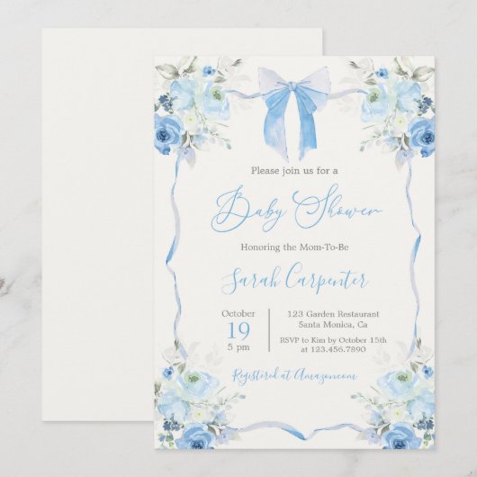 Blue Bow Baby shower Boy Kaart (Voorkant / Achterkant)