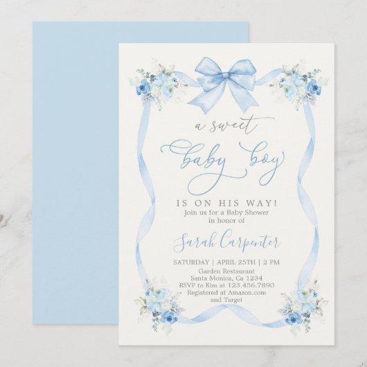 Blue Bow Baby shower Boy Kaart (Voorkant / Achterkant)