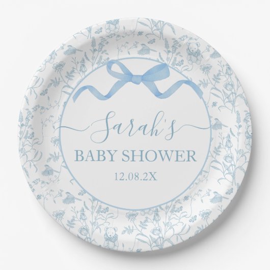 Blue Bow Baby shower Boy Papieren Bordje (Voorkant)