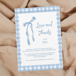 Blue bow baby shower boys plaid bedankkaart