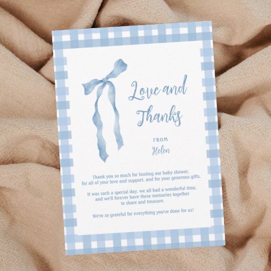 Blue bow baby shower boys plaid bedankkaart