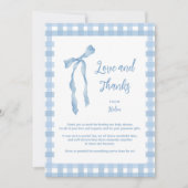 Blue bow baby shower boys plaid bedankkaart (Voorkant)
