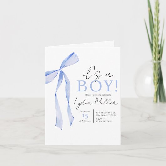 Blue Bow Baby shower Invitation, Jongen Baby showe (Voorkant)