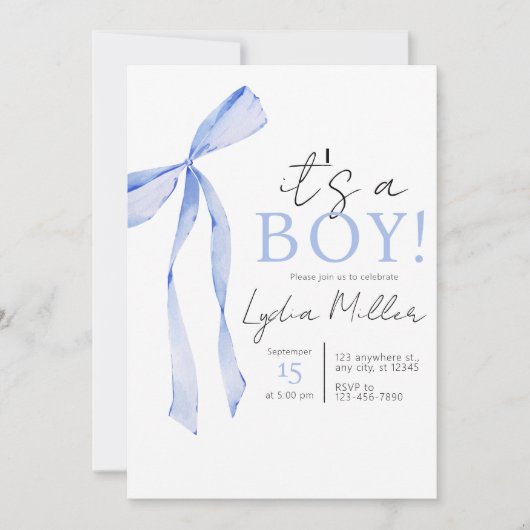 Blue Bow Baby shower Invitation, Jongen Baby showe Kaart (Voorkant)