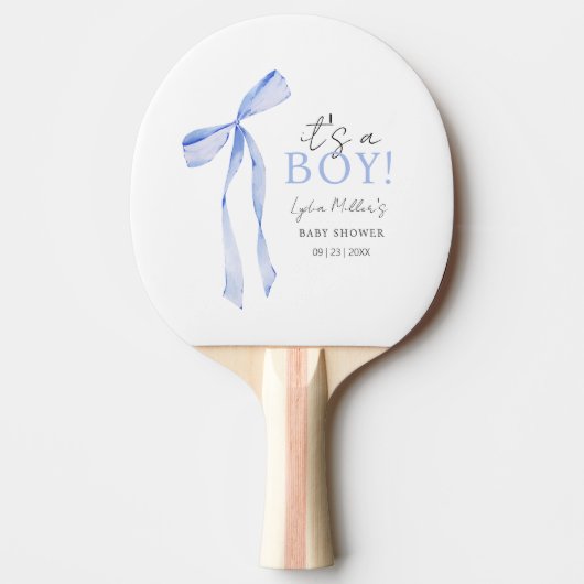 Blue Bow Baby shower Invitation, Jongen Baby showe Tafeltennisbatje (Voorkant)