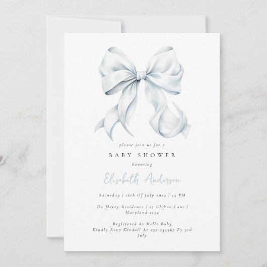 Blue Bow Baby shower Invitation Kaart (Voorkant)