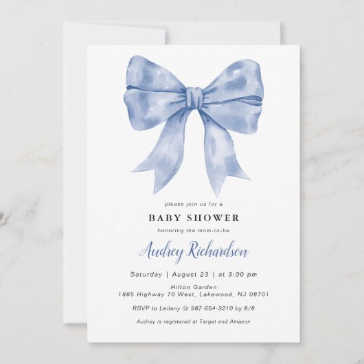 Blue Bow Baby shower Invitation Kaart (Voorkant)