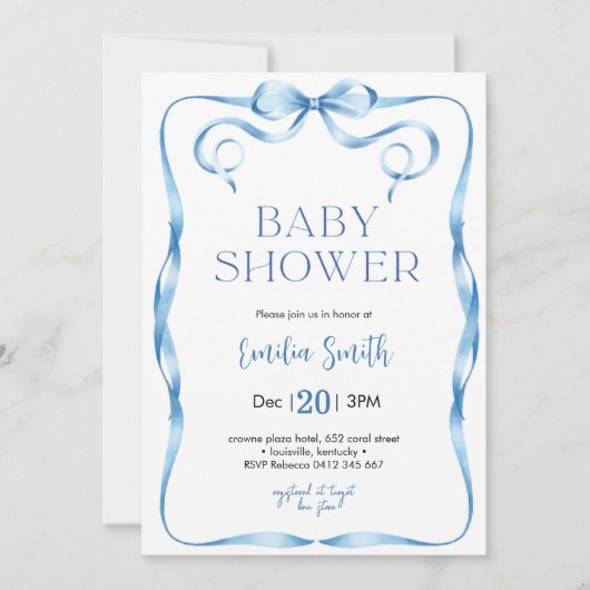 Blue Bow Baby shower Invitation Kaart (Voorkant)
