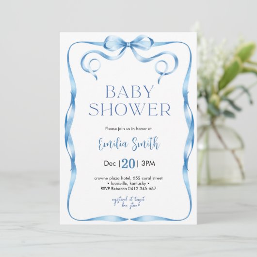 Blue Bow Baby shower Invitation Kaart (Staand voorkant)