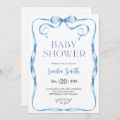 Blue Bow Baby shower Invitation Kaart (Voorkant / Achterkant)