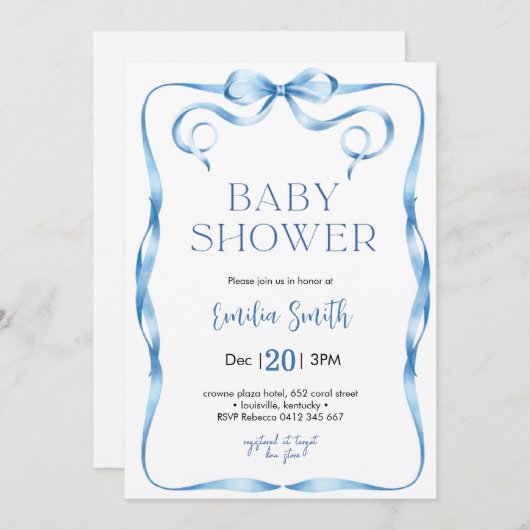 Blue Bow Baby shower Invitation Kaart (Voorkant / Achterkant)
