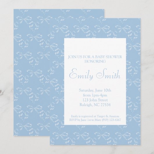 Blue Bow Baby shower Invitation Kaart (Voorkant / Achterkant)