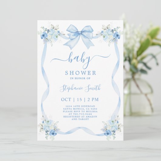 Blue Bow-Baby shower Kaart (Staand voorkant)