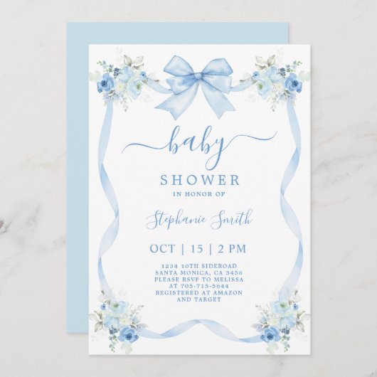 Blue Bow-Baby shower Kaart (Voorkant / Achterkant)