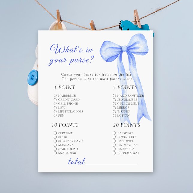 Blue bow baby shower - Wat zit er in je tas spel (Creator heeft geüpload)