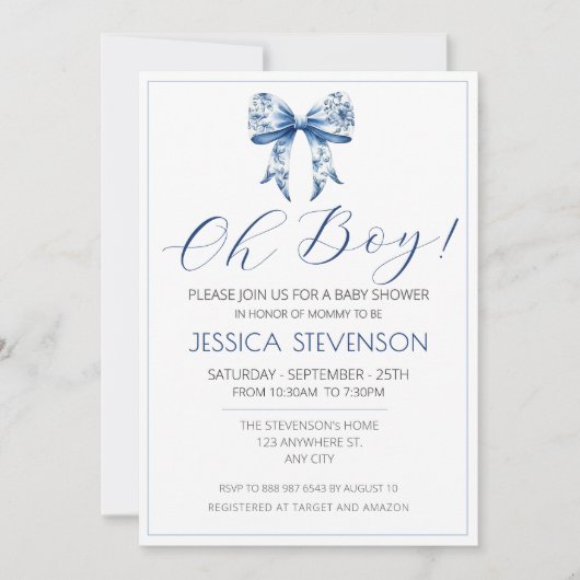 Blue Bow Baby shower Waterverf Kaart (Voorkant)